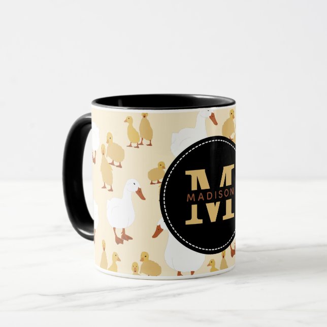 Cute Mother Duck & Baby Duckling Pattern Monogram Mug (Front Left)