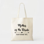 Cute Mother of the Bride Survival Kit Tote Bag<br><div class="desc">Modern and cute bridal party gift tote bag featuring the text "Mother of the Bride" in a trendy combo of calligraphy script and round sans serif typography, decorated by an arrow with a heart at the middle. Add your details in a matching calligraphy script. Easily personalise to change colours to...</div>