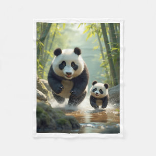 Cute Mother Panda and Cub Running in River Blanket