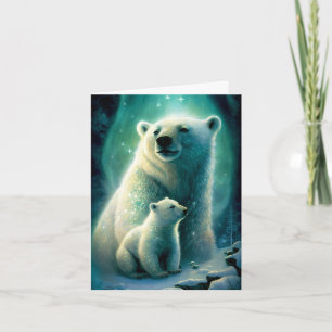 Cute Mother Polar Bear and Cub Illustration Card