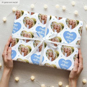 Cute Mother's Day 6 Photo Mum Love Hearts Blue Wrapping Paper