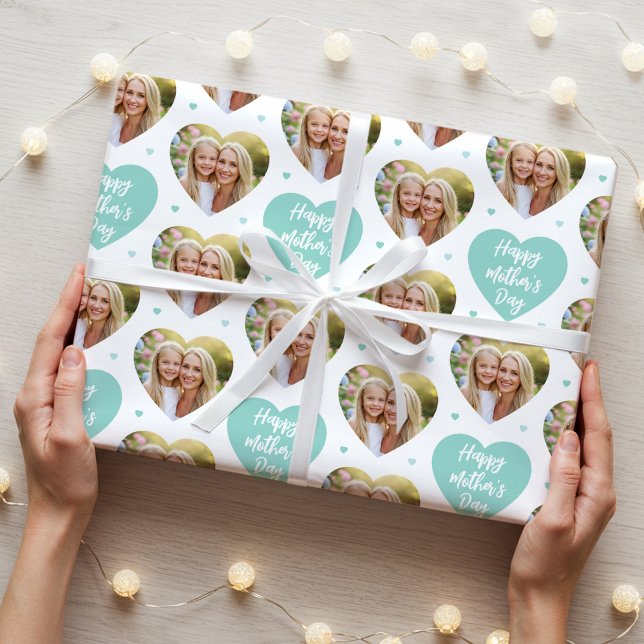 Cute Mother's Day 6 Photo Mum Love Hearts Mint Wrapping Paper (Creator Uploaded)