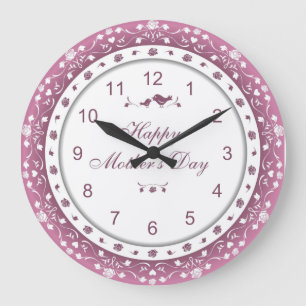Cute Mother's Day Purple White Heart Floral Large Clock