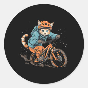 Cute Mountain Bike Cat On Mountain Biker Men Women Classic Round Sticker