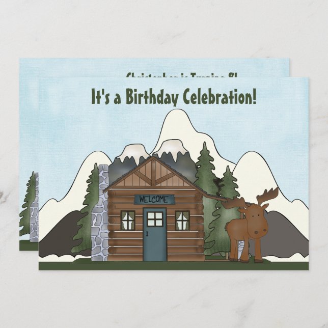 Cute Mountain Cabin and Moose Birthday Invites (Front/Back)