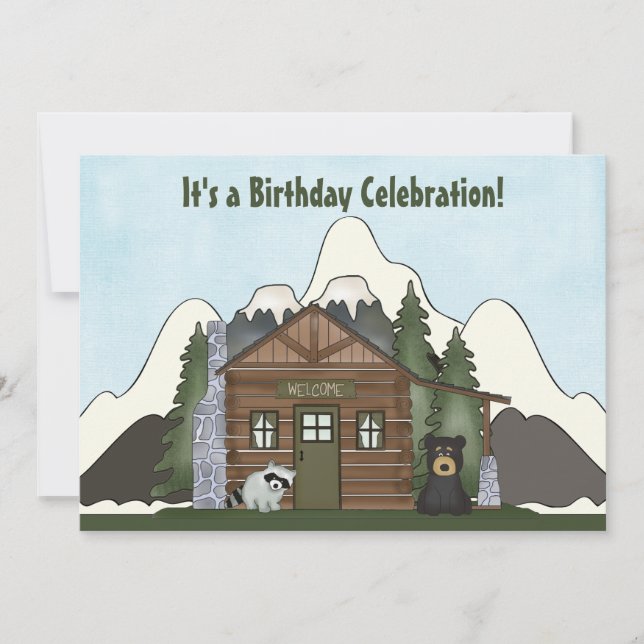 Cute Mountain Cabin with Bear Birthday Invitation (Front)