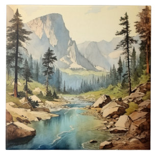 Cute Mountain lake scene Ceramic Tile