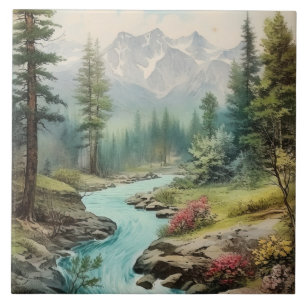 Cute Mountain lake scene Ceramic Tile