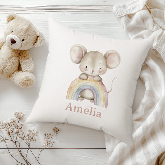 Cute Mouse And Rainbow With Baby Name Nursery Cushion