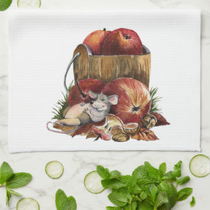 Cute Mouse and Red Apples Tea Towel