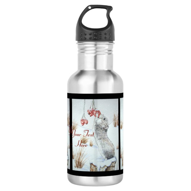 Cute mouse and red berries snow scene wildlife 532 ml water bottle (Front)