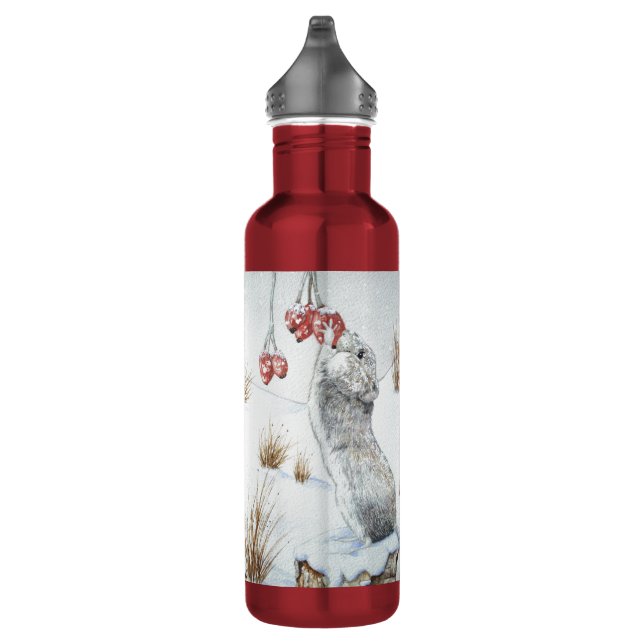Cute mouse and red berries snow scene wildlife art 710 ml water bottle (Right)