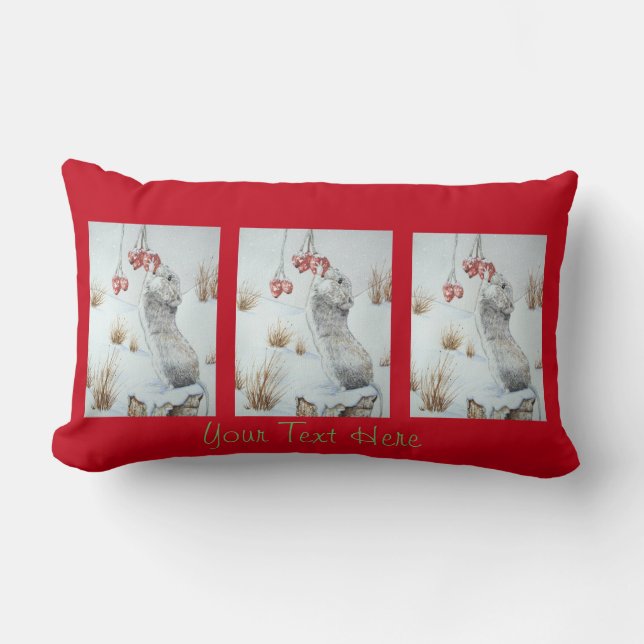 Cute mouse and red berries snow scene wildlife art lumbar cushion (Front)