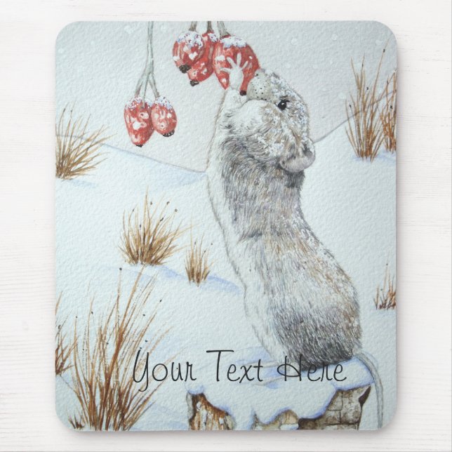 Cute mouse and red berries snow scene wildlife art mouse pad (Front)