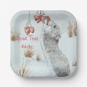 Cute mouse and red berries snow scene wildlife art paper plate