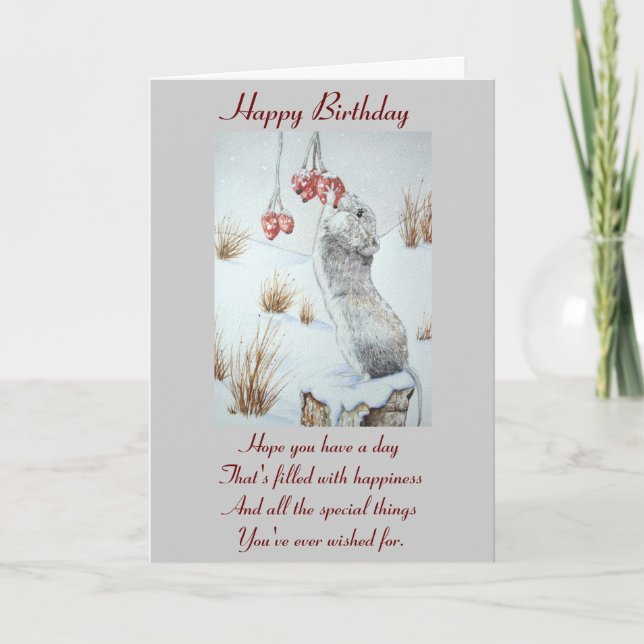 Cute mouse and red berries snow scene wildlife card (Front)