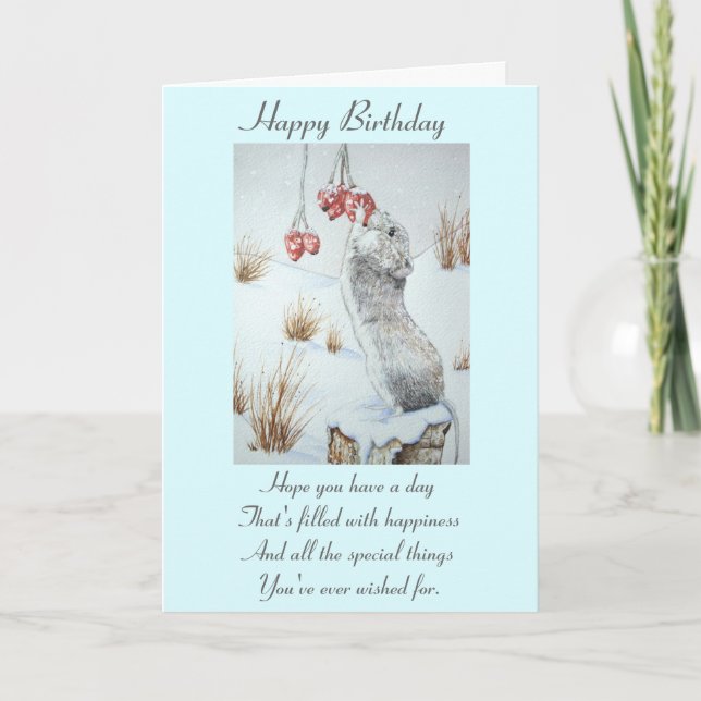 Cute mouse and red berries snow scene wildlife card (Front)