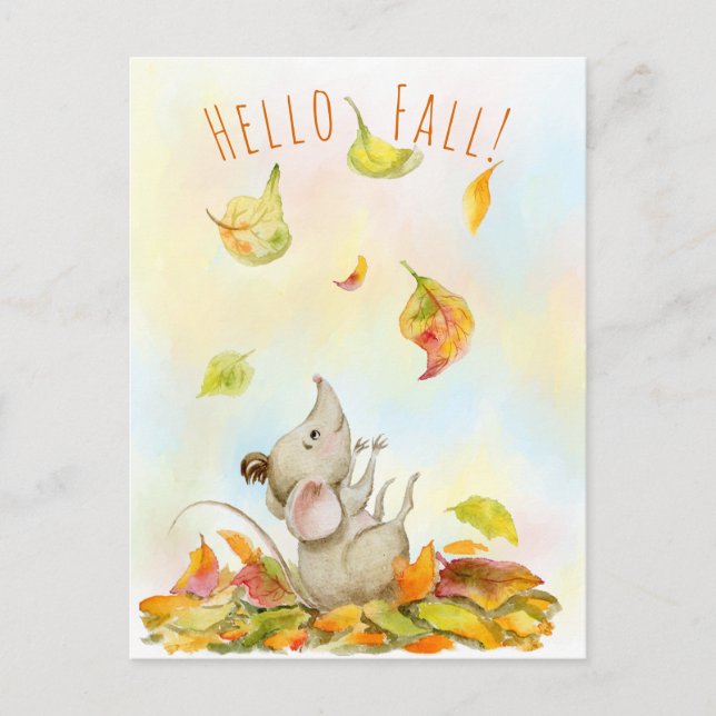 Cute Mouse and Yellow-orange Falling Leaves  Postcard (Front)