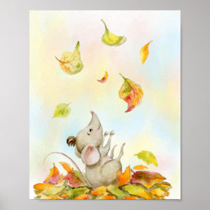 Cute mouse and yellow-orange falling leaves poster