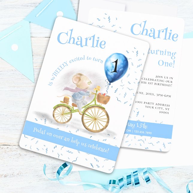 Cute Mouse Animal Bicycle Boy 1st Birthday Party Invitation (Front & Back - Cute Mouse Animal Riding Vintage Bicycle & 1st Birthday Party Balloon, Boy Invitation)