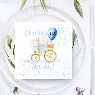Cute Mouse Animal Bicycle Boy 1st Birthday Party Napkin