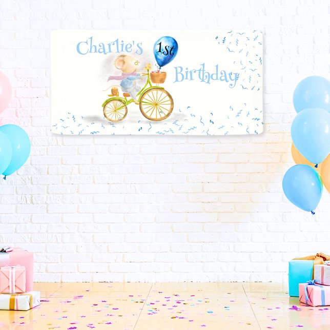 Cute Mouse Animal Boy 1st Birthday Party Welcome Banner (Cute Mouse Animal Riding Vintage Bicycle & 1st Birthday Party Balloon, party Banner Welcome Sign)