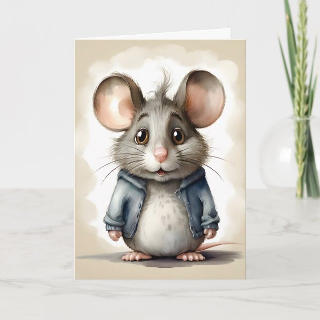 Cute Mouse Blue Jacket Portrait Blank Greeting  Card (Front)