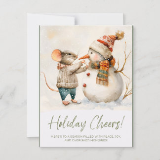 Cute Mouse Boy Building Snowman Christmas Card