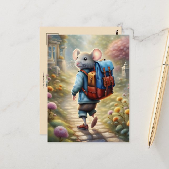 Cute mouse boy on his way to school, custom postcard (Front/Back In Situ)