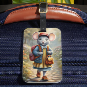 Cute mouse boy on his way to school, luggage tag