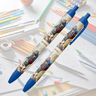 Cute mouse boy on his way to school,personalised  black ink pen