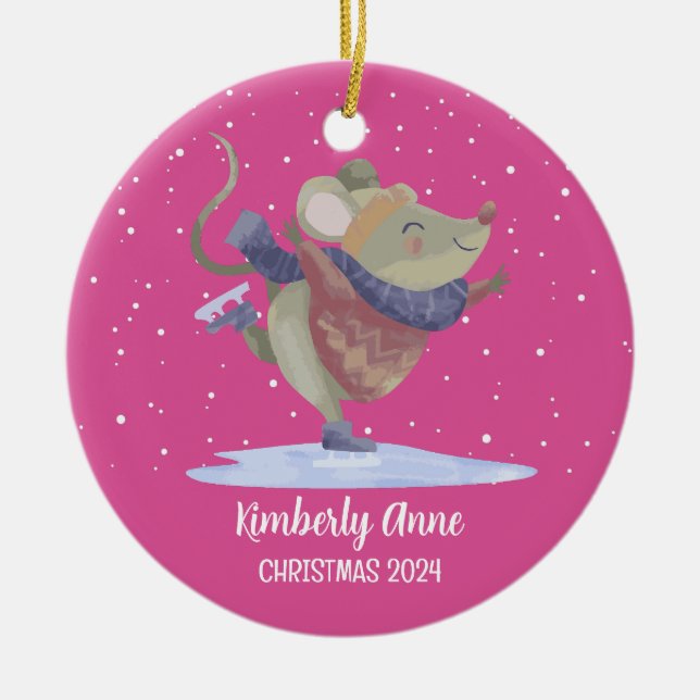 Cute Mouse Christmas Rat Snowy Winter Holiday Ceramic Ornament (Front)