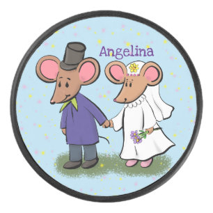 Cute mouse couple cartoon illustration hockey puck