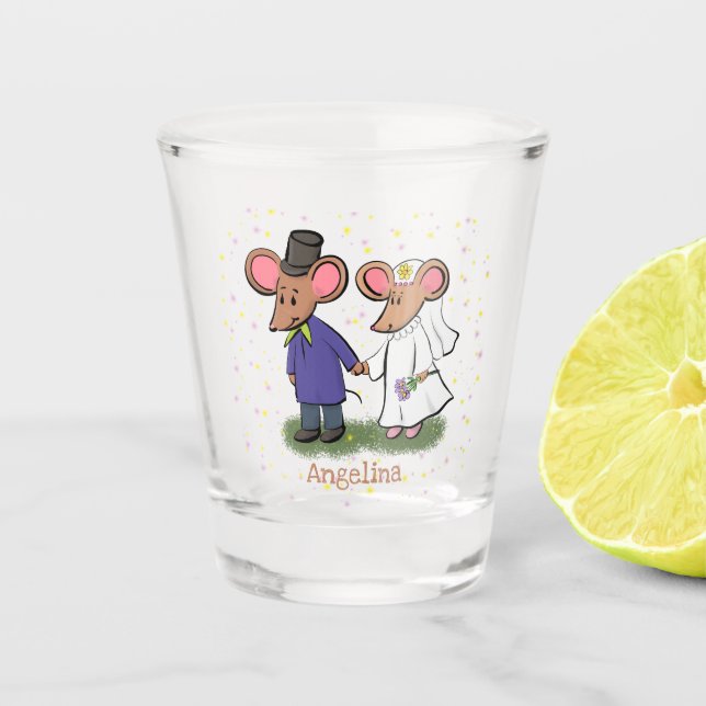 Cute mouse couple cartoon illustration shot glass (Front)