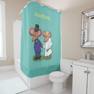 Cute mouse couple cartoon illustration shower curtain