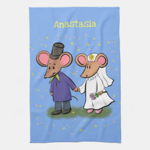 Cute mouse couple cartoon illustration tea towel