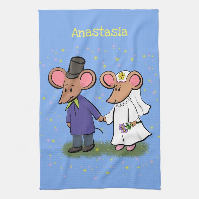 Cute mouse couple cartoon illustration tea towel (Vertical)