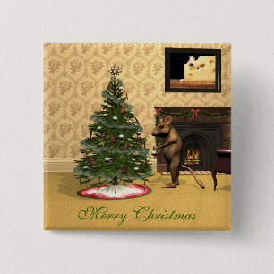 Cute Mouse Decorating a Christmas Tree 15 Cm Square Badge