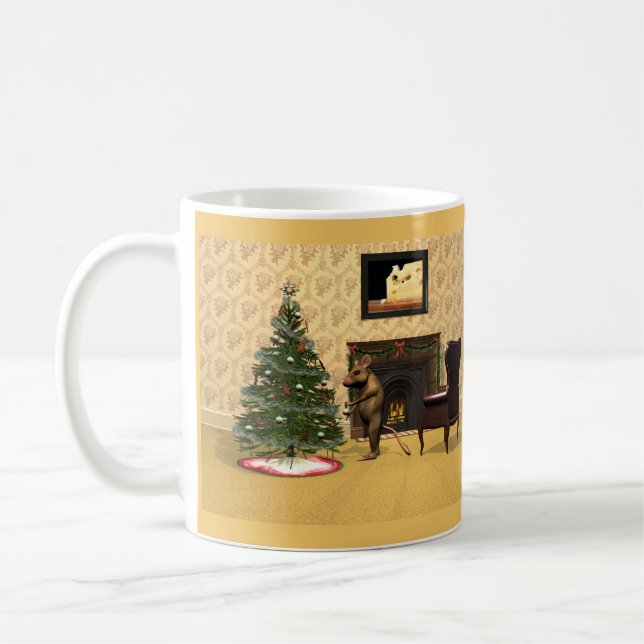Cute Mouse Decorating a Christmas Tree Coffee Mug (Left)