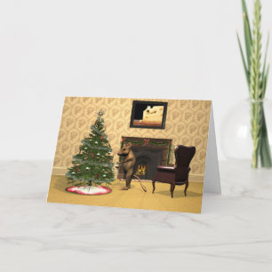 Cute Mouse Decorating a Christmas Tree Holiday Card