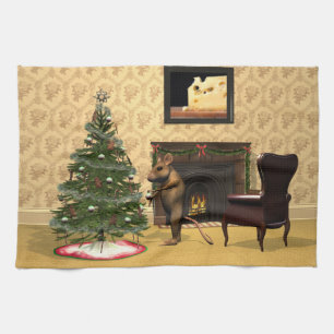 Cute Mouse Decorating a Christmas Tree Tea Towel