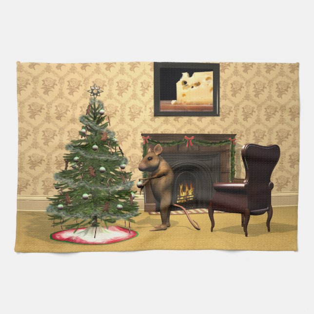 Cute Mouse Decorating a Christmas Tree Tea Towel (Horizontal)