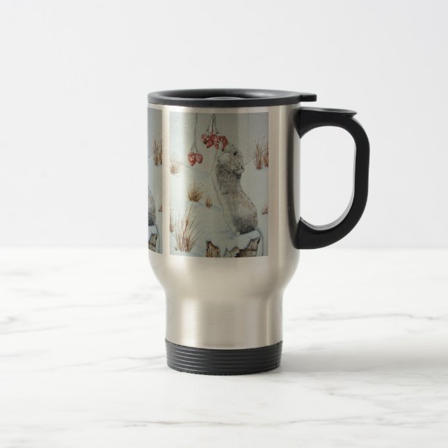 Cute mouse eating berries snow scene wildlife travel mug (Right)