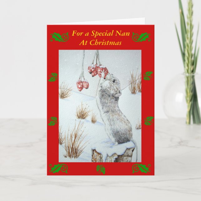 Cute mouse eating berries wildlife snow scene holiday card (Front)
