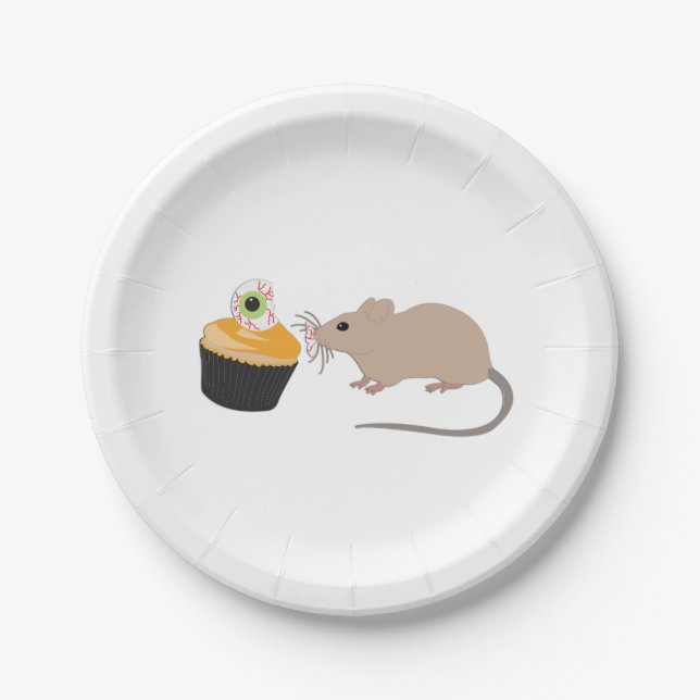 Cute Mouse Eating Halloween Eyeball Cupcake Paper Plate (Front)