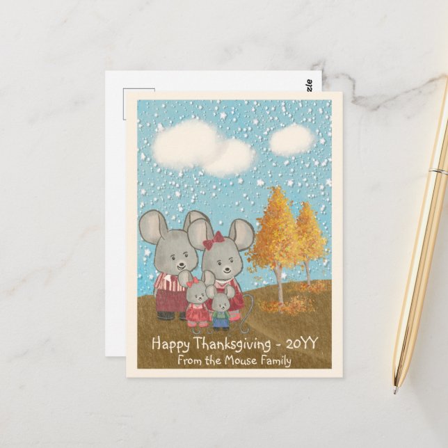Cute Mouse Family at the Park Happy Thanksgiving Postcard (Front/Back In Situ)