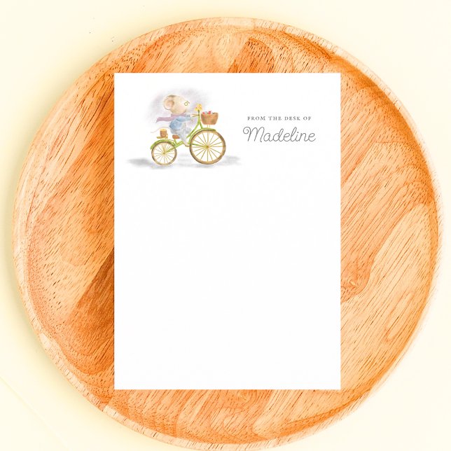 Cute Mouse From Desk of Personalised Stationery Card (Front - Simple Chic Cute Mouse on Vintage Bicycle From the Desk of Personalized Stationery Note Card)