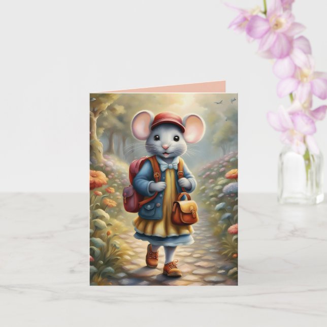Cute mouse girl on her way to school, custom card (Orchid)