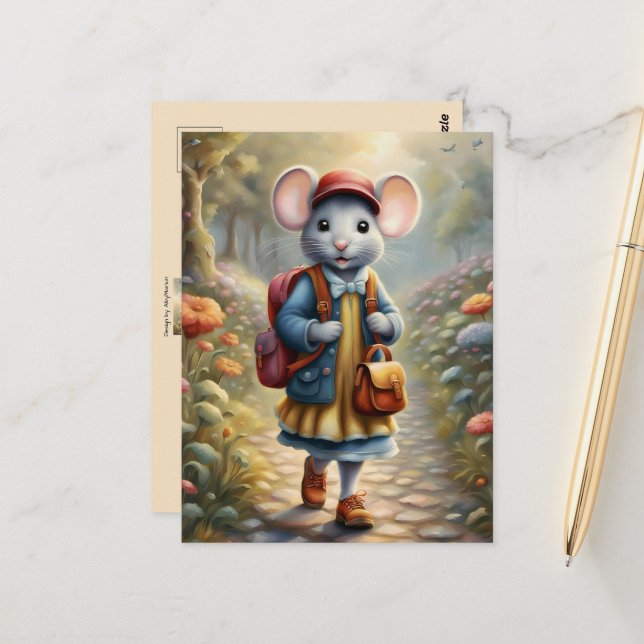 Cute mouse girl on her way to school, custom postcard (Front/Back In Situ)