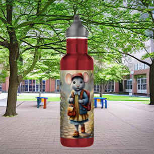 Cute mouse girl on her way to school, personalised 710 ml water bottle